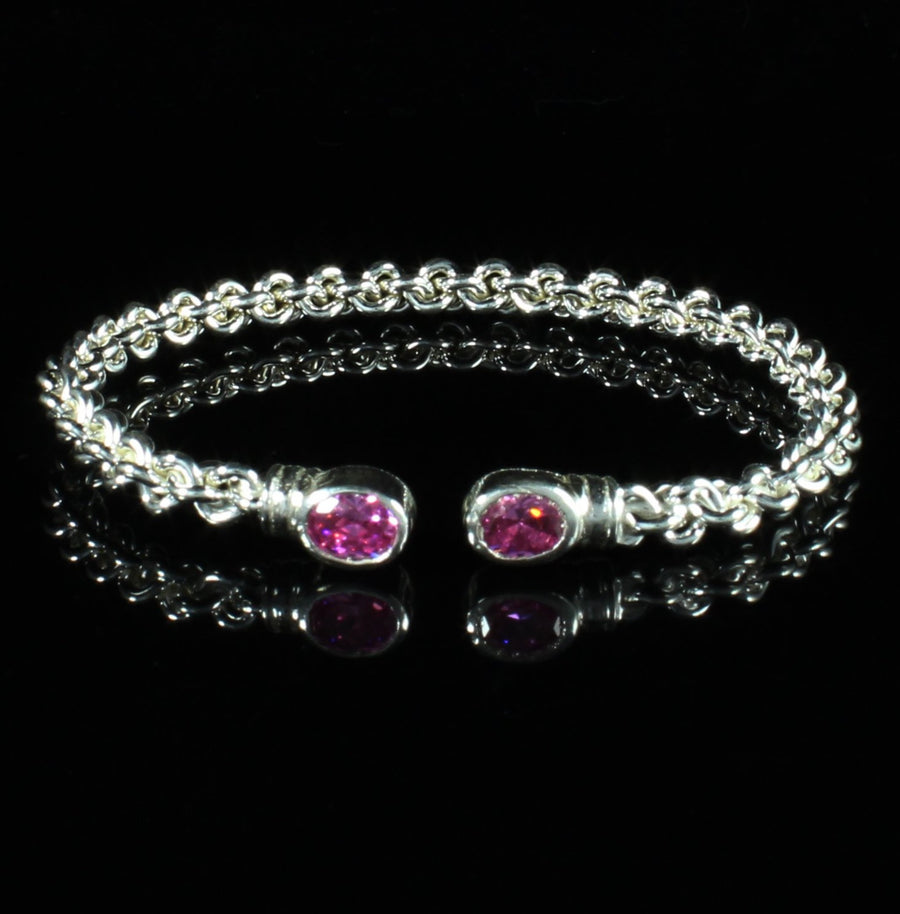 Braided Flexible  Bangle with Lab Created Pink CZ October Birthstone