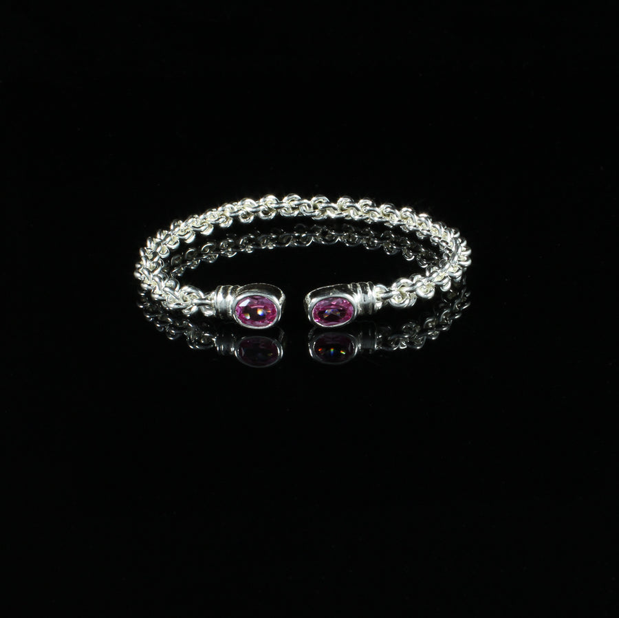 Braided Flexible  Bangle with Lab Created Pink CZ October Birthstone
