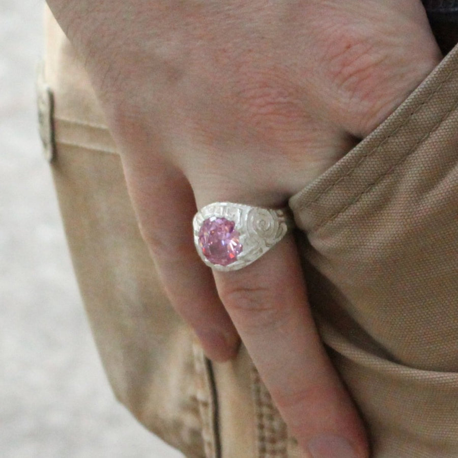 Large Men's Oval ring with October Birthstone Pink CZ - Ring - Caribbijou Island Jewellery